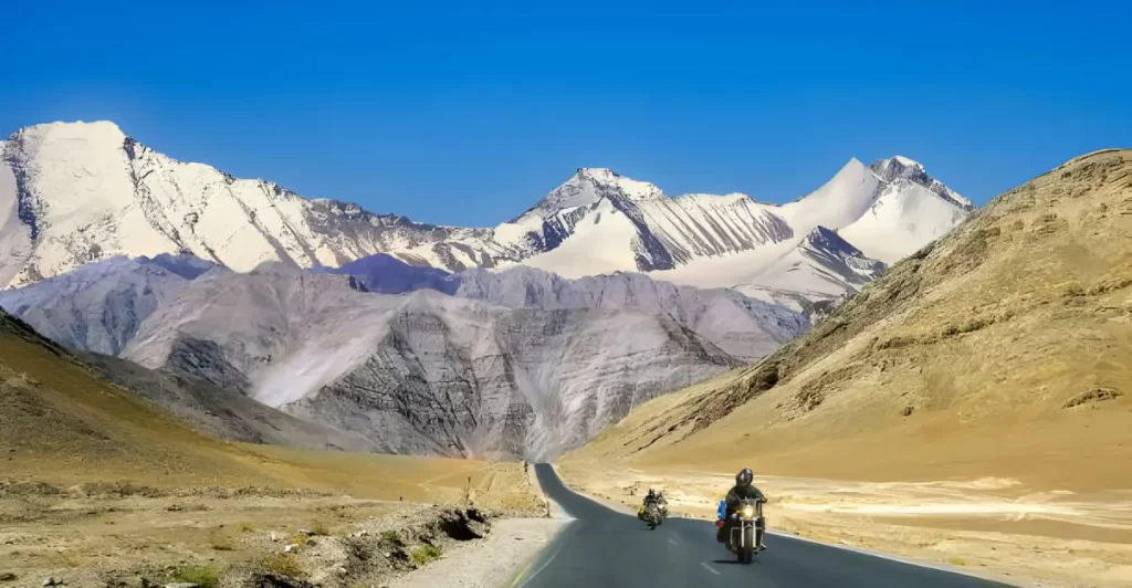 bikers travel on national highway with scenic landscape at Ladakh India